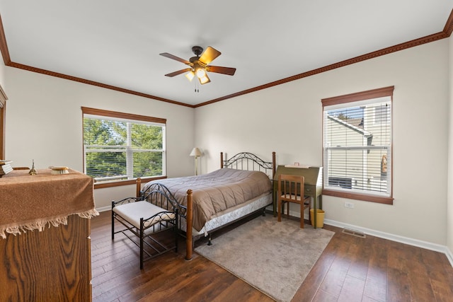 bedroom with ceiling fan, visible vents, crown molding, baseboards, and dark wood-style floors