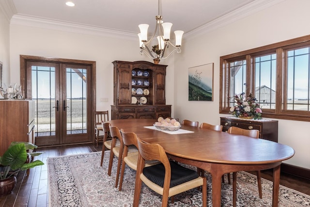 14431 E 2400 N Rd, Hudson, IL 61748 - dining space featuring french doors, wood-type flooring, crown molding, a chandelier, and recessed lighting