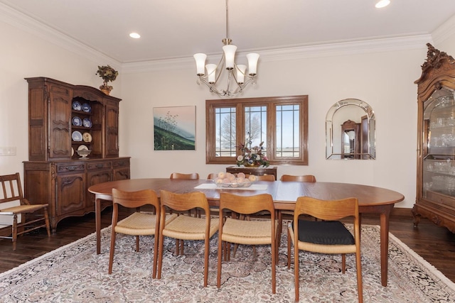14431 E 2400 N Rd, Hudson, IL 61748 - dining space featuring dark wood finished floors, a chandelier, crown molding, recessed lighting, and baseboards