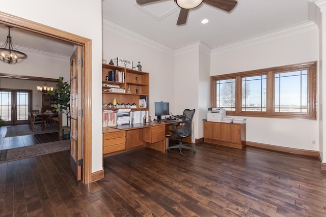 14431 E 2400 N Rd, Hudson, IL 61748 - office space with a chandelier, a ceiling fan, dark wood-style flooring, crown molding, and baseboards