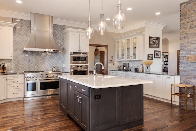 14431 E 2400 N Rd, Hudson, IL 61748 - kitchen with appliances with stainless steel finishes, ventilation hood, a sink, tasteful backsplash, and glass insert cabinets