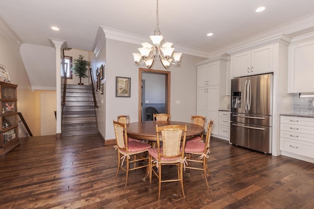 14431 E 2400 N Rd, Hudson, IL 61748 - dining space featuring dark wood-style floors, ornamental molding, stairs, a chandelier, and recessed lighting