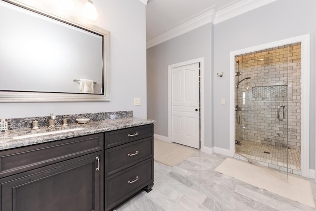 14431 E 2400 N Rd, Hudson, IL 61748 - bathroom with crown molding, vanity, a shower stall, marble finish floors, and baseboards