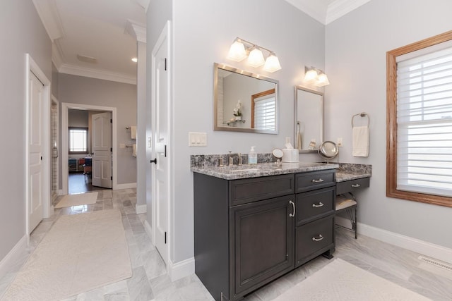 14431 E 2400 N Rd, Hudson, IL 61748 - bathroom with crown molding, vanity, baseboards, and marble look tile flooring
