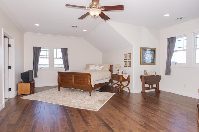 14431 E 2400 N Rd, Hudson, IL 61748 - bedroom featuring dark wood-style floors, baseboards, recessed lighting, ceiling fan, and ornamental molding