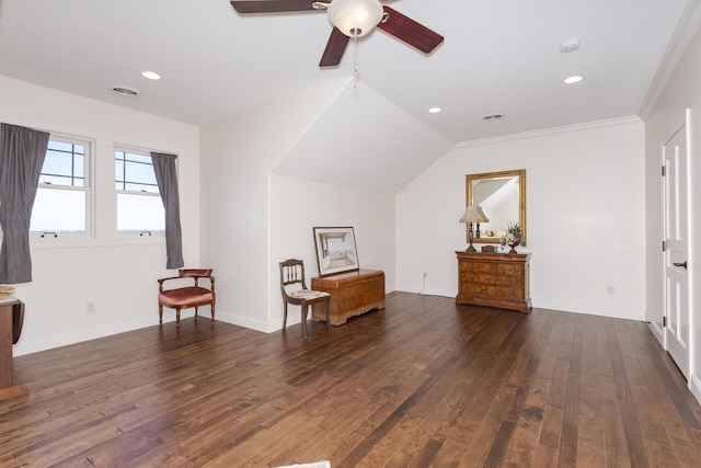 14431 E 2400 N Rd, Hudson, IL 61748 - sitting room featuring ceiling fan, dark wood-style floors, recessed lighting, baseboards, and crown molding
