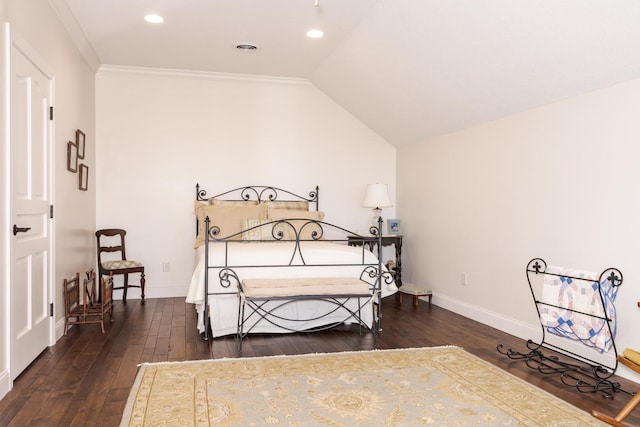 14431 E 2400 N Rd, Hudson, IL 61748 - bedroom with hardwood / wood-style flooring, baseboards, ornamental molding, recessed lighting, and vaulted ceiling