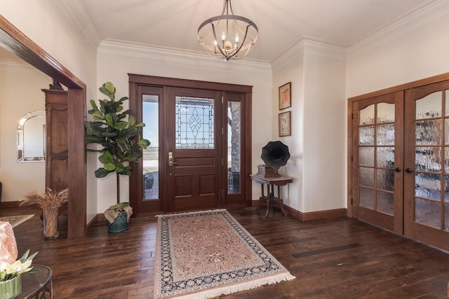 14431 E 2400 N Rd, Hudson, IL 61748 - entryway with dark wood-style floors, french doors, ornamental molding, a chandelier, and baseboards