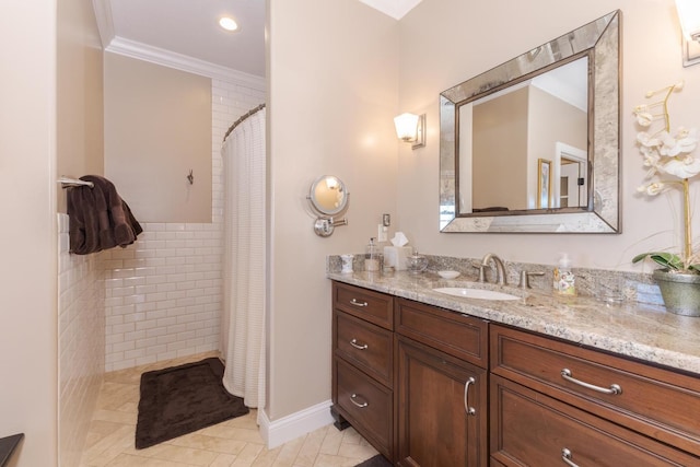 14431 E 2400 N Rd, Hudson, IL 61748 - full bath featuring vanity, crown molding, a shower with curtain, and tile patterned floors
