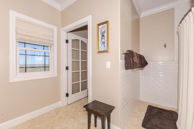 14431 E 2400 N Rd, Hudson, IL 61748 - bathroom featuring ornamental molding and a tile shower