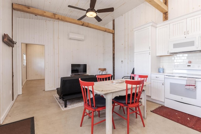 14431 E 2400 N Rd, Hudson, IL 61748 - dining area with a wall mounted AC, a ceiling fan, and wood walls