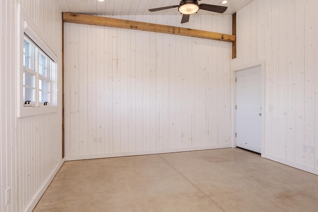 14431 E 2400 N Rd, Hudson, IL 61748 - unfurnished room with concrete floors, wood walls, and ceiling fan