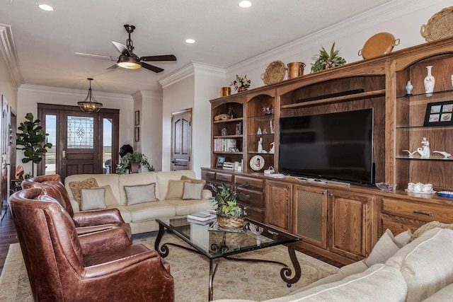 14431 E 2400 N Rd, Hudson, IL 61748 - living room featuring crown molding, wood finished floors, ceiling fan, and recessed lighting