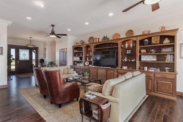 14431 E 2400 N Rd, Hudson, IL 61748 - living room with a ceiling fan, ornamental molding, dark wood-style floors, and recessed lighting