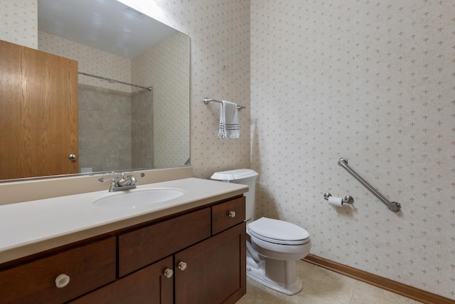 full bath with toilet, wallpapered walls, tile patterned floors, a shower, and vanity