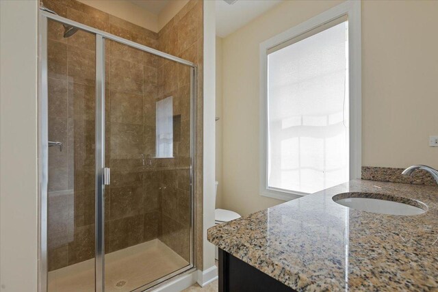 bathroom featuring vanity, a shower stall, and toilet