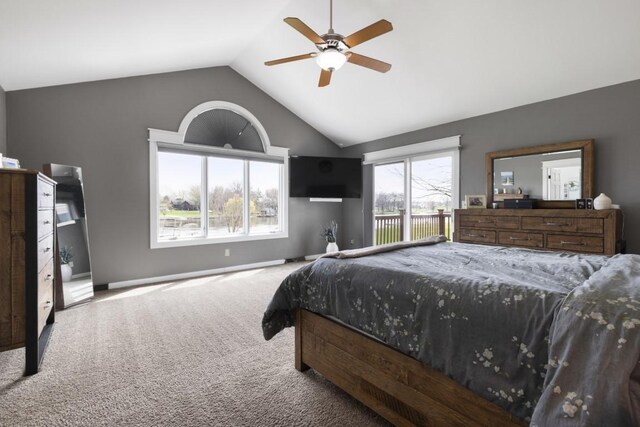 bedroom with high vaulted ceiling, ceiling fan, and carpet