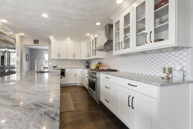 kitchen with wall chimney range hood, light stone counters, a sink, high end appliances, and dark wood-style flooring