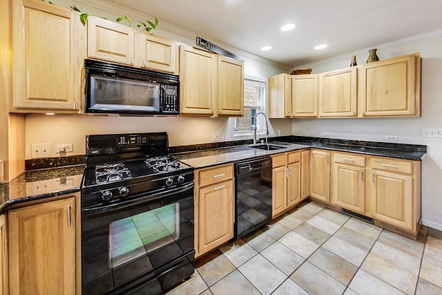 kitchen with crown molding, light brown cabinetry, a sink, and black appliances
