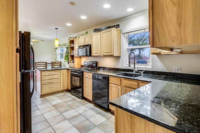 kitchen with light brown cabinetry, black appliances, plenty of natural light, and a sink
