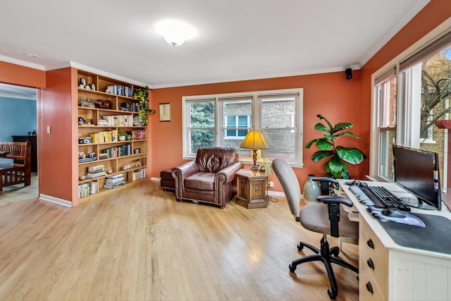 home office with wood finished floors, baseboards, and ornamental molding