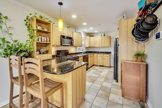 kitchen featuring open shelves, black appliances, light brown cabinetry, a peninsula, and recessed lighting