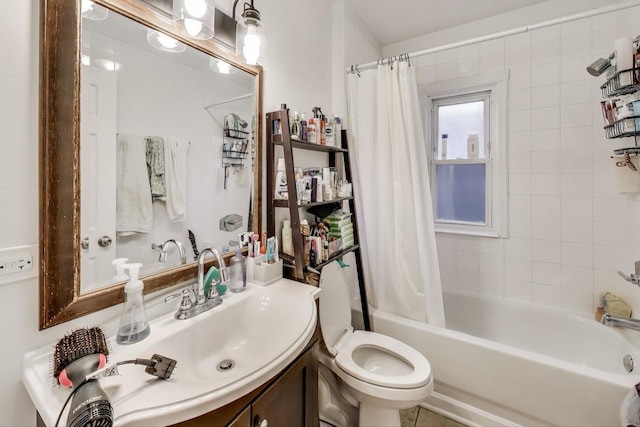 bathroom featuring shower / bathtub combination with curtain, toilet, and vanity