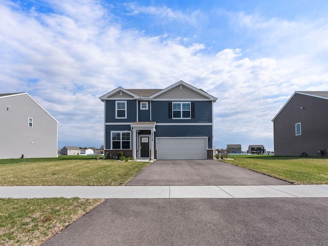 view of front of home featuring brick siding, an attached garage, aphalt driveway, and a front yard
