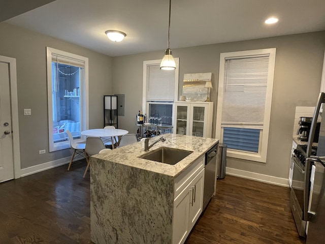 1941 W Roscoe St, Chicago, IL 60657 - kitchen featuring dark wood-style flooring, appliances with stainless steel finishes, a sink, and baseboards