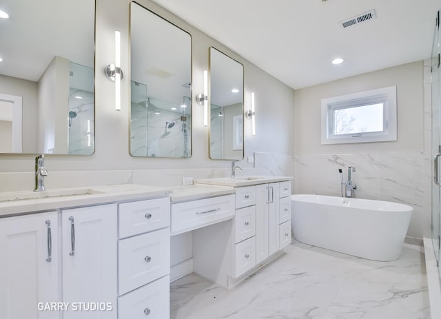 full bath featuring a sink, a marble finish shower, marble finish floor, double vanity, and visible vents