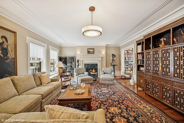 living room with a fireplace, wood finished floors, and crown molding