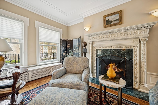sitting room featuring a fireplace, wood finished floors, ornamental molding, and radiator
