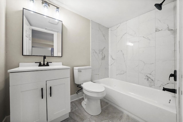 full bath featuring vanity, baseboards, washtub / shower combination, and toilet