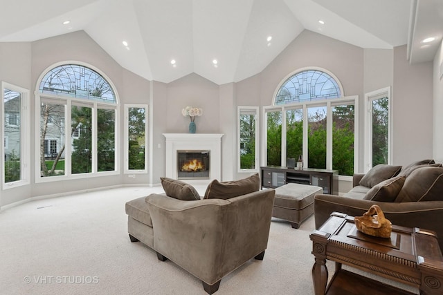 2407 Shaker Ct, Naperville, IL 60564 - living room featuring recessed lighting, a glass covered fireplace, and light carpet