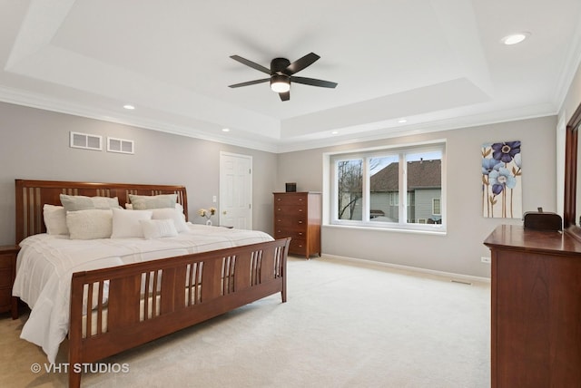 2407 Shaker Ct, Naperville, IL 60564 - bedroom with a tray ceiling, visible vents, light colored carpet, and recessed lighting