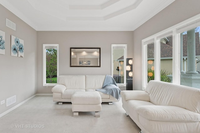 2407 Shaker Ct, Naperville, IL 60564 - carpeted living area featuring a tray ceiling, visible vents, crown molding, and baseboards