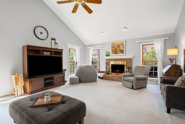 964 W Hidden Hills Ln, Palatine, IL 60067 - living area featuring ceiling fan, a fireplace, carpet, and plenty of natural light