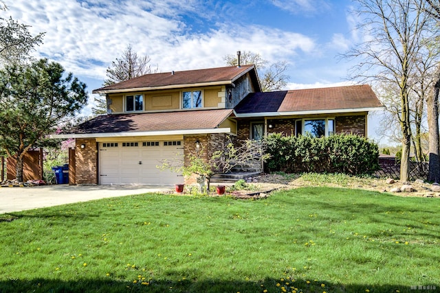 view of front of home featuring concrete driveway, brick siding, a front lawn, and a garage