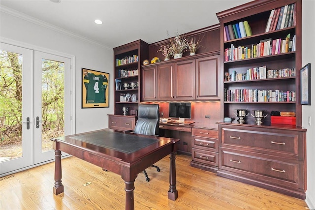1784 Reserve Ct, Highland Park, IL 60035 - office featuring light wood-style flooring, ornamental molding, french doors, and recessed lighting