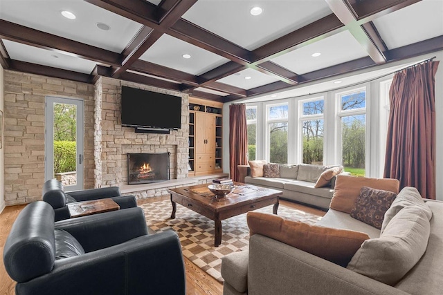 1784 Reserve Ct, Highland Park, IL 60035 - living area featuring coffered ceiling, beamed ceiling, light wood finished floors, a stone fireplace, and recessed lighting