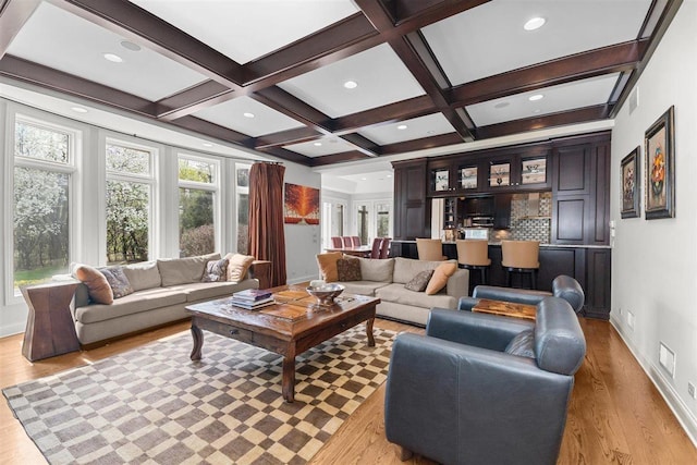 1784 Reserve Ct, Highland Park, IL 60035 - living area featuring light wood finished floors, baseboards, beamed ceiling, coffered ceiling, and recessed lighting