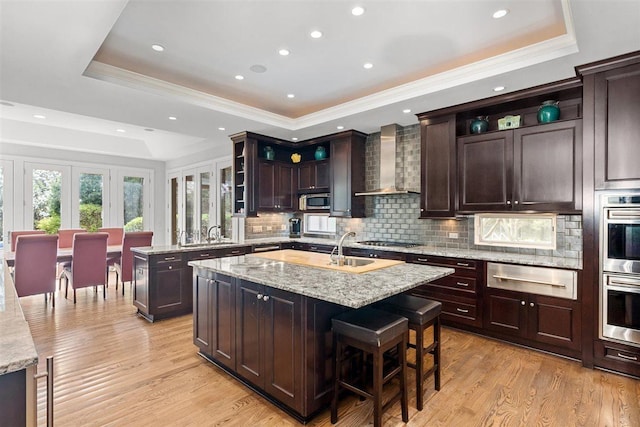 1784 Reserve Ct, Highland Park, IL 60035 - kitchen with open shelves, wall chimney range hood, a tray ceiling, a warming drawer, and ornamental molding