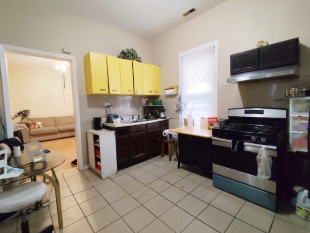 2919 S Quinn St, Chicago, IL 60608 - kitchen with under cabinet range hood, gas stove, light tile patterned flooring, and light countertops