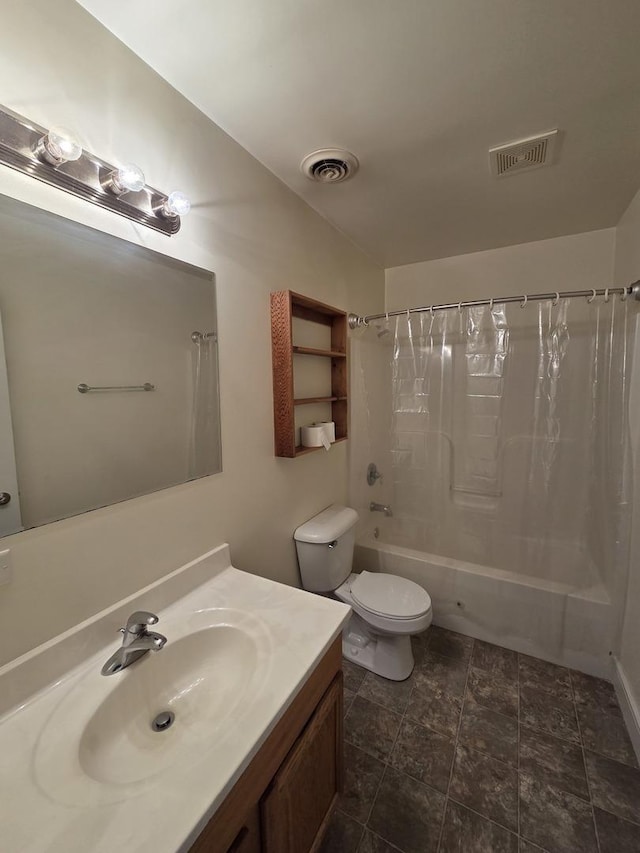 full bathroom featuring shower / bath combination with curtain, toilet, vanity, and visible vents