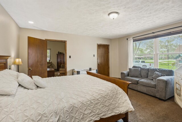 carpeted bedroom with multiple windows and a textured ceiling