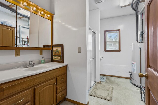 full bath featuring vanity, unfinished concrete floors, baseboards, gas water heater, and a stall shower