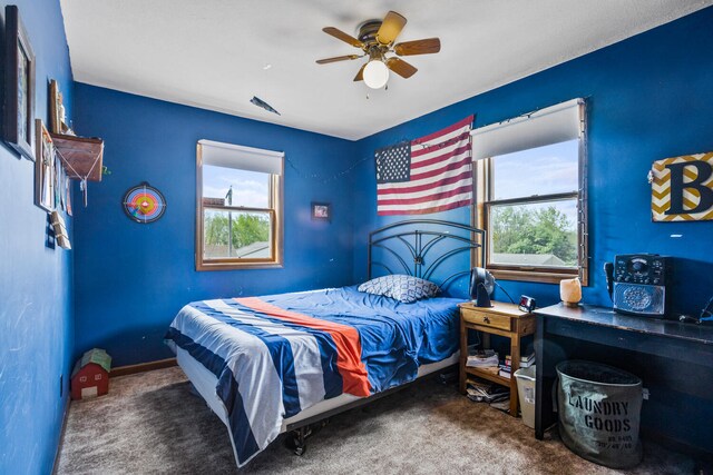 bedroom featuring carpet flooring and ceiling fan