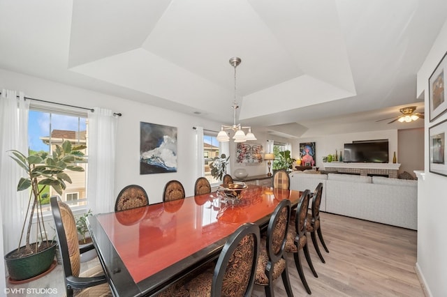 1952 Crenshaw Cir Unit 1952, Vernon Hills, IL 60061 - dining room with a raised ceiling, light wood-style floors, a chandelier, and ceiling fan
