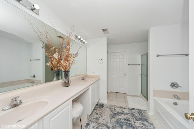 1952 Crenshaw Cir Unit 1952, Vernon Hills, IL 60061 - bathroom with a bath, tile patterned flooring, double vanity, and a shower with shower door