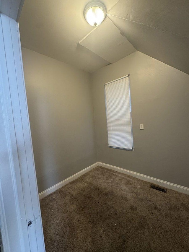 additional living space with lofted ceiling, visible vents, carpet flooring, and baseboards